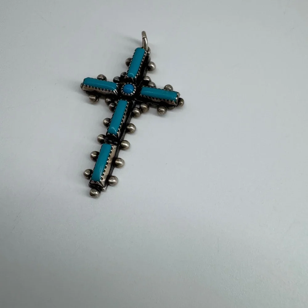 Vintage Navajo Sterling Silver Turquoise Cross Pendant - Signed Tom Bahe